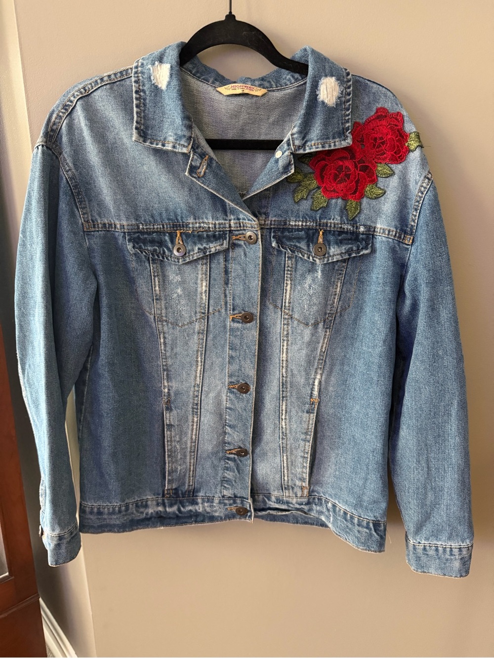 Vintage Distressed Highway Jeans Denim Jacket with Rose Appliqué Medium